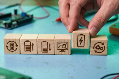 Icônes de batterie et d'énergie sur des blocs en bois, atelier d'électronique — stockage d'électricité